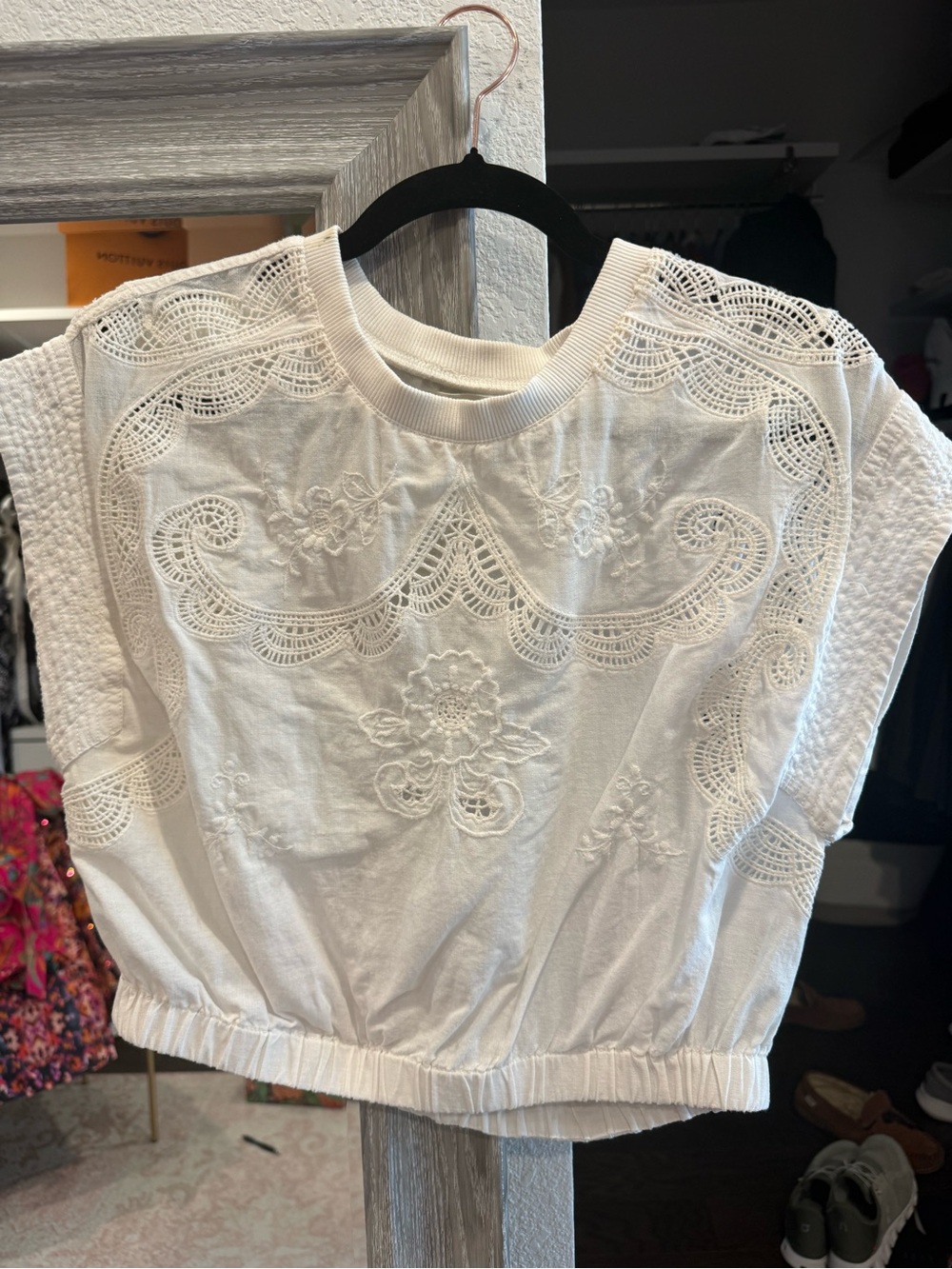 Anthropologie White Embroidered Crochet Crop Top